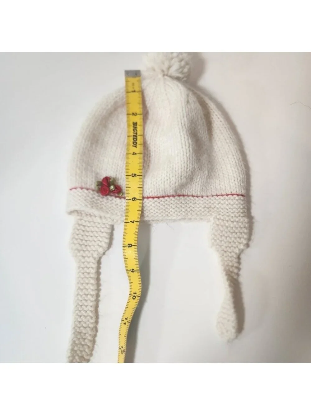 Handmade Knit Earflap Beanie Hat Cream White‎ with Red Rose Accent Pom Pom